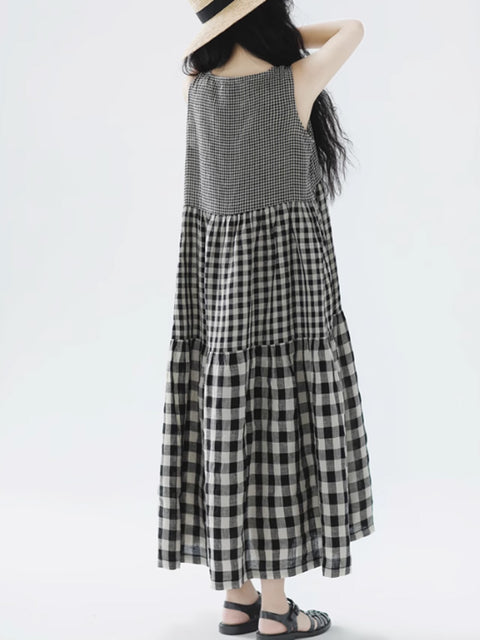 Women Spring Artsy Plaid 100%Linen Vest Dress