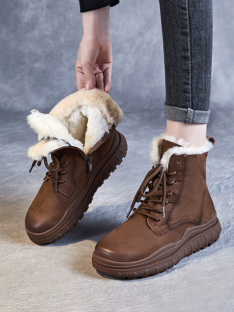 Botas femininas vintage de inverno em couro com forro de lã