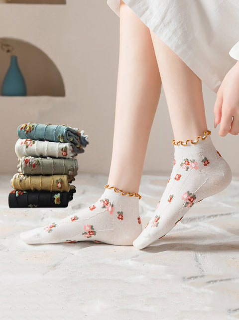 5 Pairs Women Summer Artsy Flower Jacquard Socks