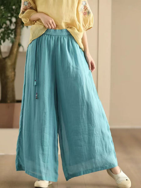 Women Summer Dual-layer Wide-leg Ramie Pants