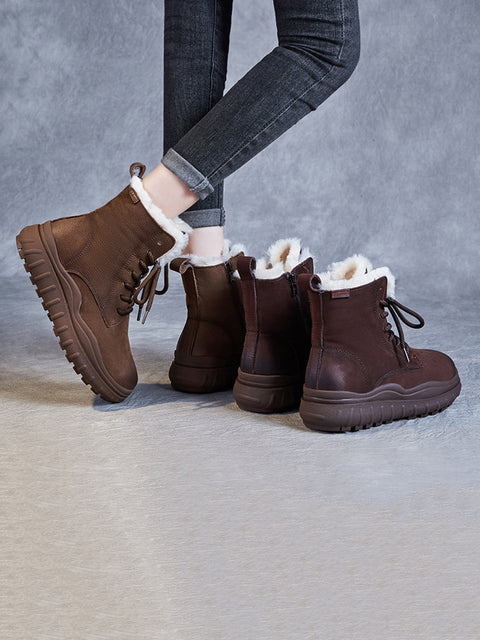 Botas femininas vintage de inverno em couro com forro de lã