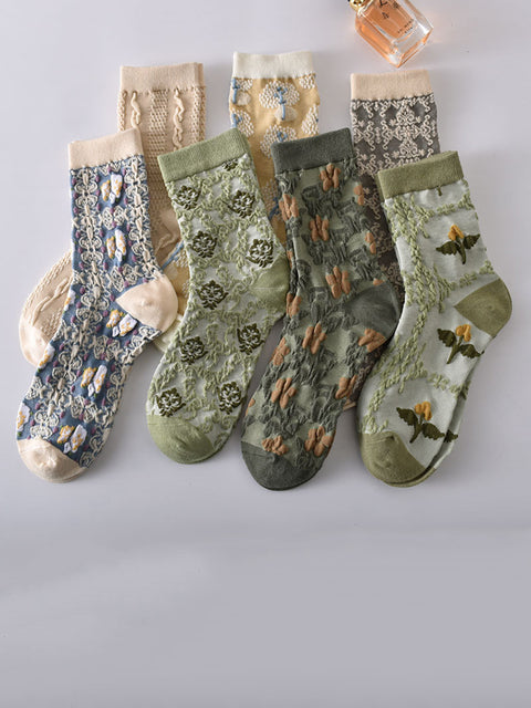 7 pares de mulheres com relevo vintage Jacquard Socks