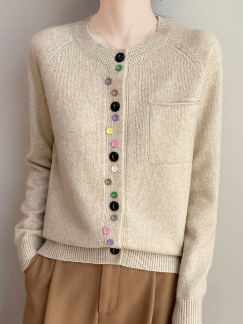 Women Autumn O-Neck Colorful Button Knit Sweater