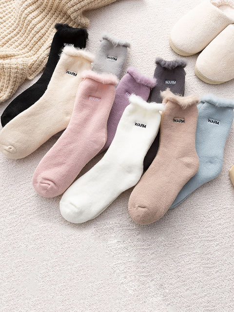 5 Pairs Women Winter Solid Cotton Fleece-lined Socks