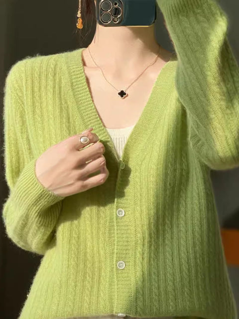 Women Autumn 100%Wool V-Neck Knit Cardigan Sweater