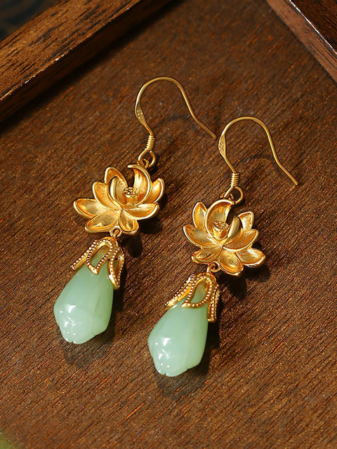 Brincos de flor banhados a ouro de jade étnico feminino