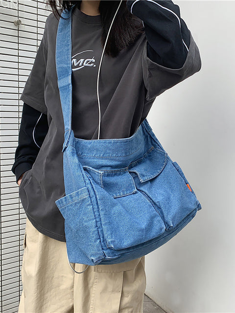 Bolsa feminina vintage sólida jeans grande capacidade