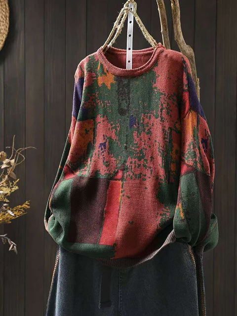 Women Autumn Casual Colorblock Knit O-Neck Sweater