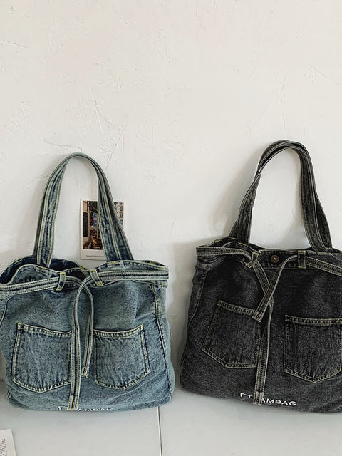 Bolsa de ombro feminina vintage sólida com bolso jeans