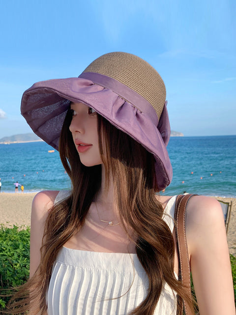 Women Summer Colorblock Straw Bowknot Sunproof Hat