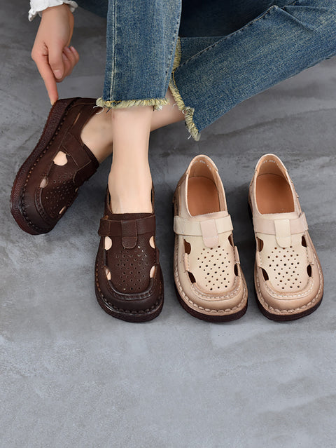 Women Summer Genuine Leather Breathable Hollow Shoes