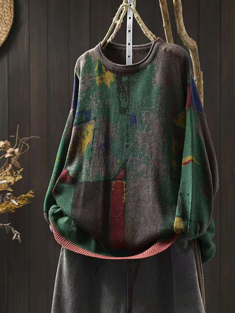 Women Autumn Casual Colorblock Knit O-Neck Sweater