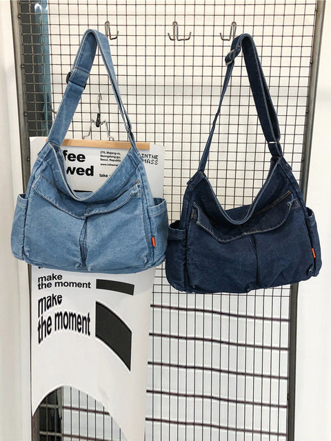 Bolsa feminina vintage sólida jeans grande capacidade