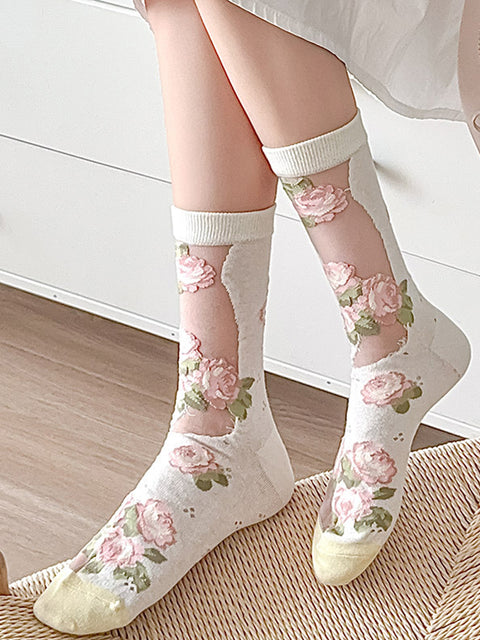 3 pares de meias finas femininas elegantes com renda de flor