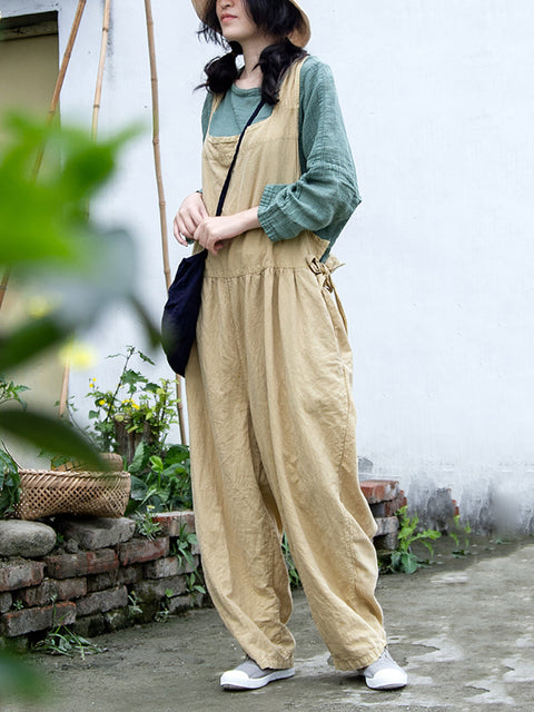 Women Summer Casual Solid Drawstring Pocket Cotton Jumpsuits