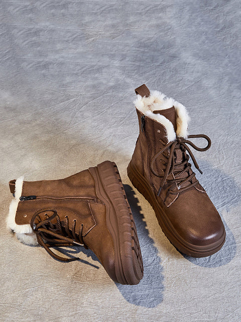 Botas femininas vintage de inverno em couro com forro de lã