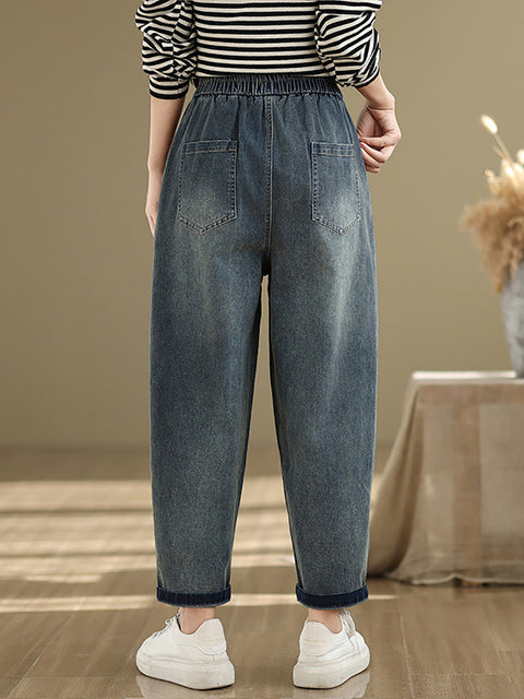 Women Spring Retro Pure Color Denim Harem Pants