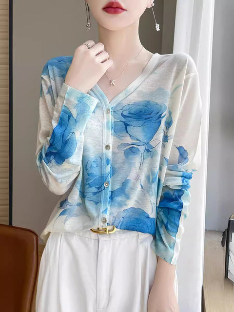 Camisa feminina casual primavera com decote em V e flores