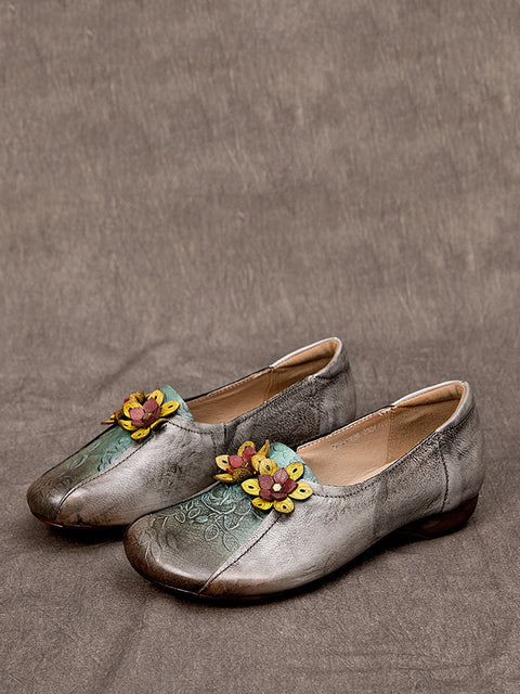 Women Vintage Flower Leather Low Heel Shoes