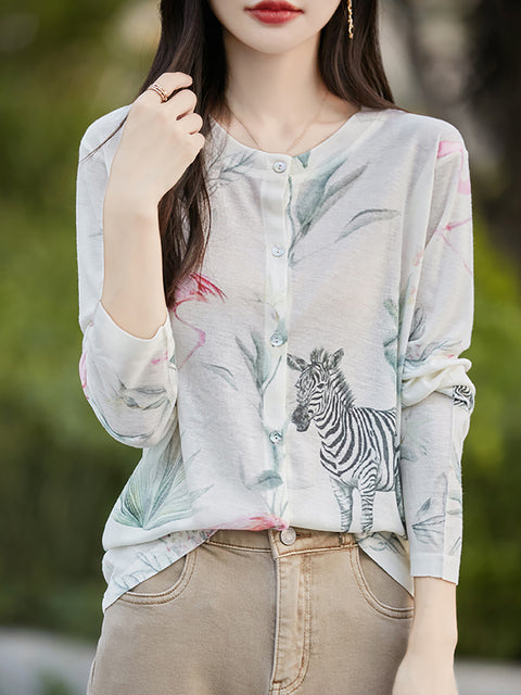 Women Spring Casual Flower O-Neck Thin Shirt