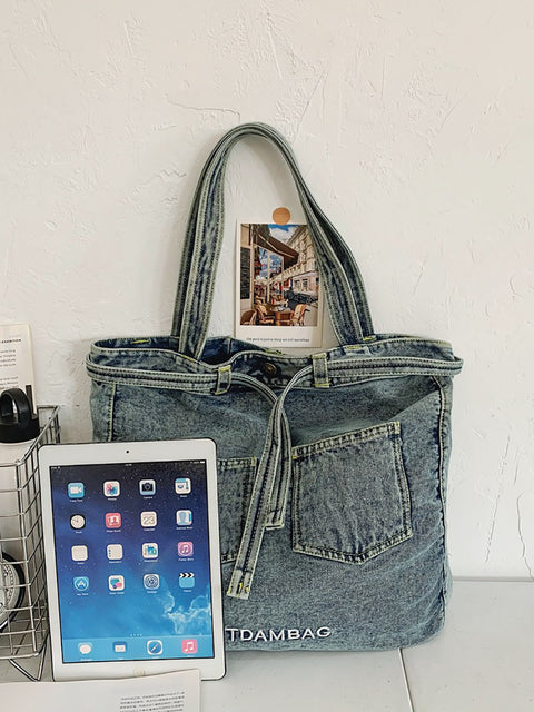 Bolsa de ombro feminina vintage sólida com bolso jeans