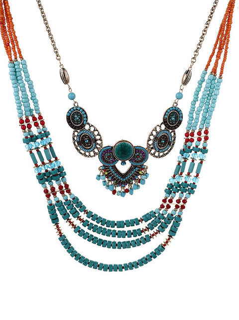 Women Ethnic Bohemian Multi-layer Bead Alloy Knitted Necklace