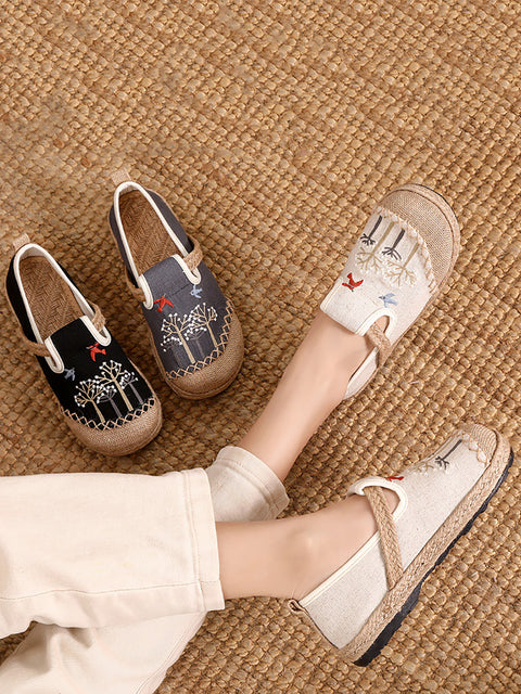 Women Summer Flower Embroidery Linen Cotton Shoes