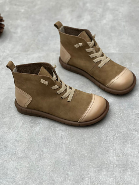 Botas femininas vintage de couro emendado com cordão para tornozelo