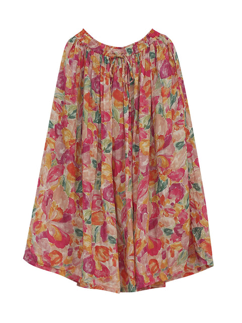 Plus Size Mulheres Verão Artsy Flower Drwastring Ramie Saia