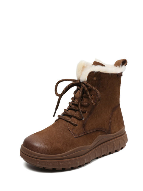 Botas femininas vintage de inverno em couro com forro de lã