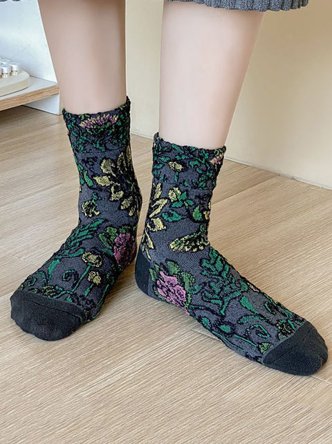 5 pares feminino Flor Vintage Jacquard Meio Meias