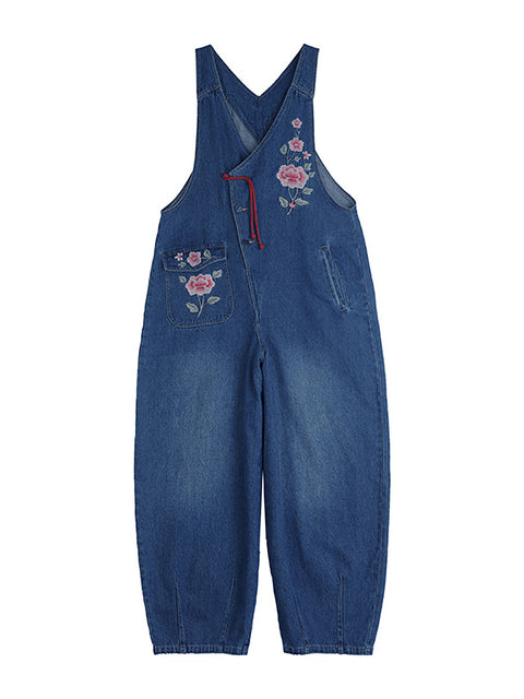 Macacões femininos primavera vintage flor bordado jeans