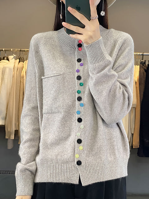 Women Autumn Wool O-Neck Pure Color Knit Sweater