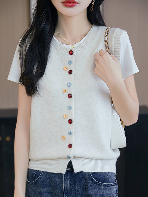 Women Spring Casual O-Neck Colorful Button Knit Vest