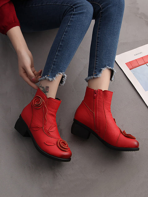 Women Retro Flower Leather Solid Mid-Heel Boots