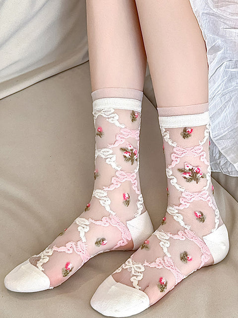 3 Pairs Summer Artsy Flower Jacquard Mid-calf Thin Socks