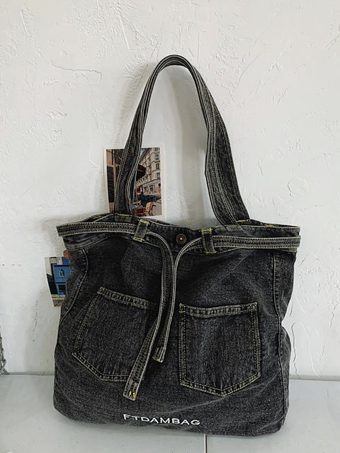 Bolsa de ombro feminina vintage sólida com bolso jeans