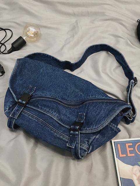 Bolsa feminina vintage jeans grande capacidade crossbody