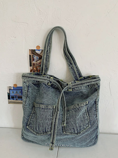 Bolsa de ombro feminina vintage sólida com bolso jeans