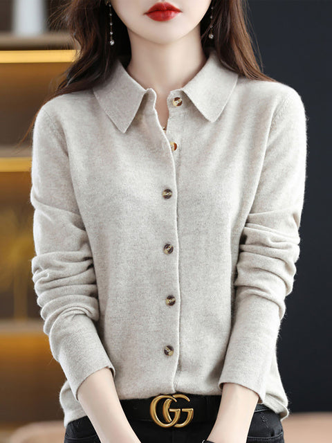 Mulheres Outono Lã Turn-down Collar Malha Cardigan Suéter