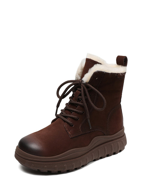 Botas femininas vintage de inverno em couro com forro de lã