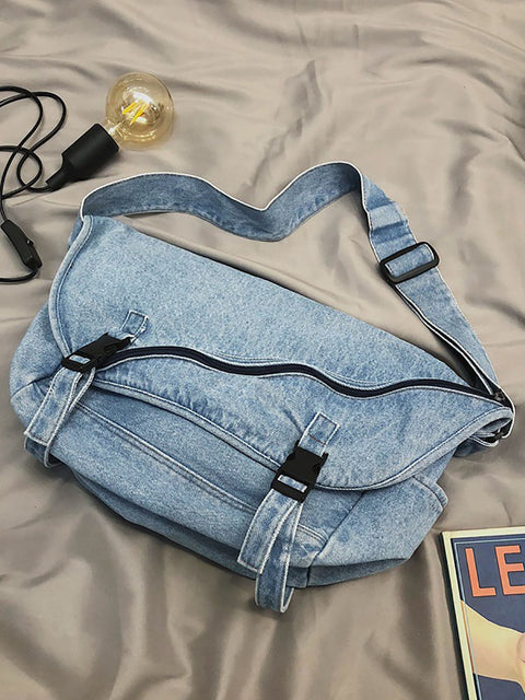 Bolsa feminina vintage jeans grande capacidade crossbody