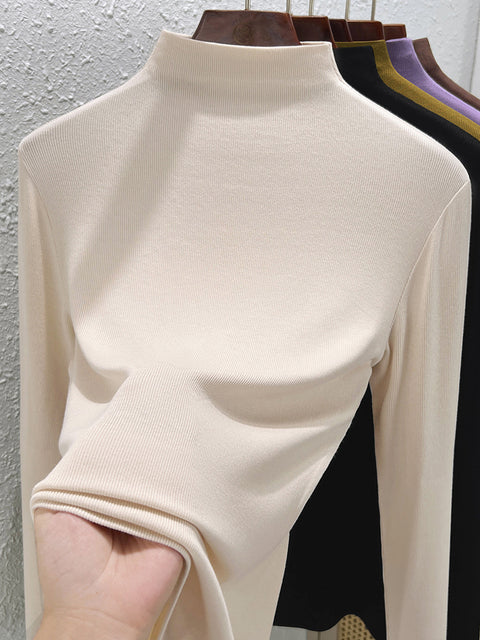 Women Spring Pure Color Half-Turtleneck Blouse