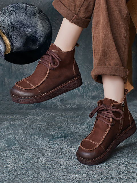 Women Winter Retro Leather Spliced Flat Boots