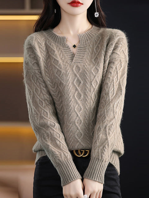 Women Autumn V-Neck Wool Twist Knit Sweater