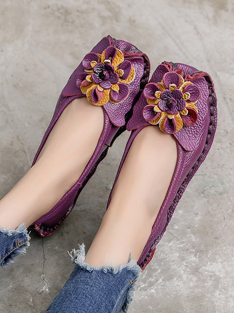 Sapatos femininos vintage de couro com flor de verão