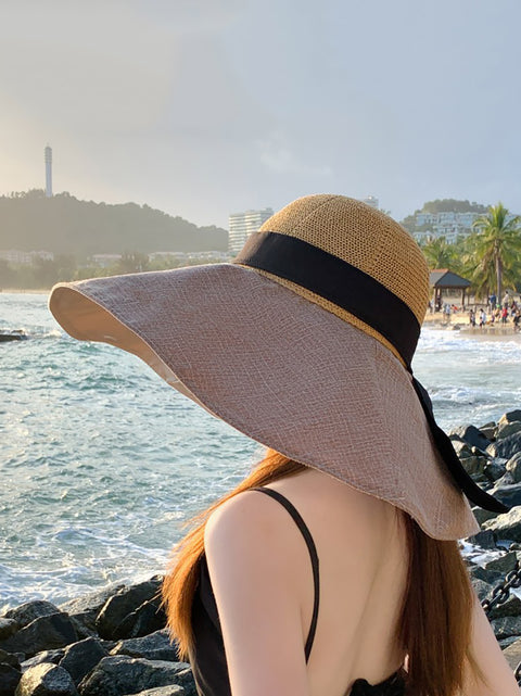 Chapéu feminino casual sólido aba grande à prova de sol