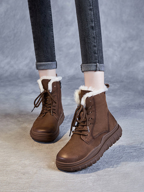 Botas femininas vintage de inverno em couro com forro de lã