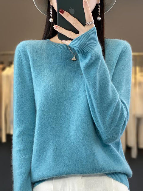 Women Autumn Solid Knit 100%Wool O-Neck Sweater