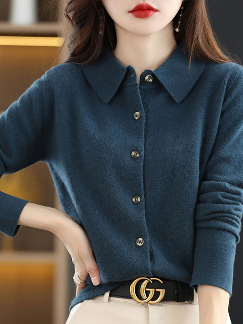 Mulheres Outono Lã Turn-down Collar Malha Cardigan Suéter